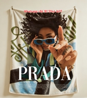 Prada Bold Fashion Editorial Print Flannel Throw Blanket Vibrant Blue Green White Luxury Sofa Cover Blanket IMG_2829
